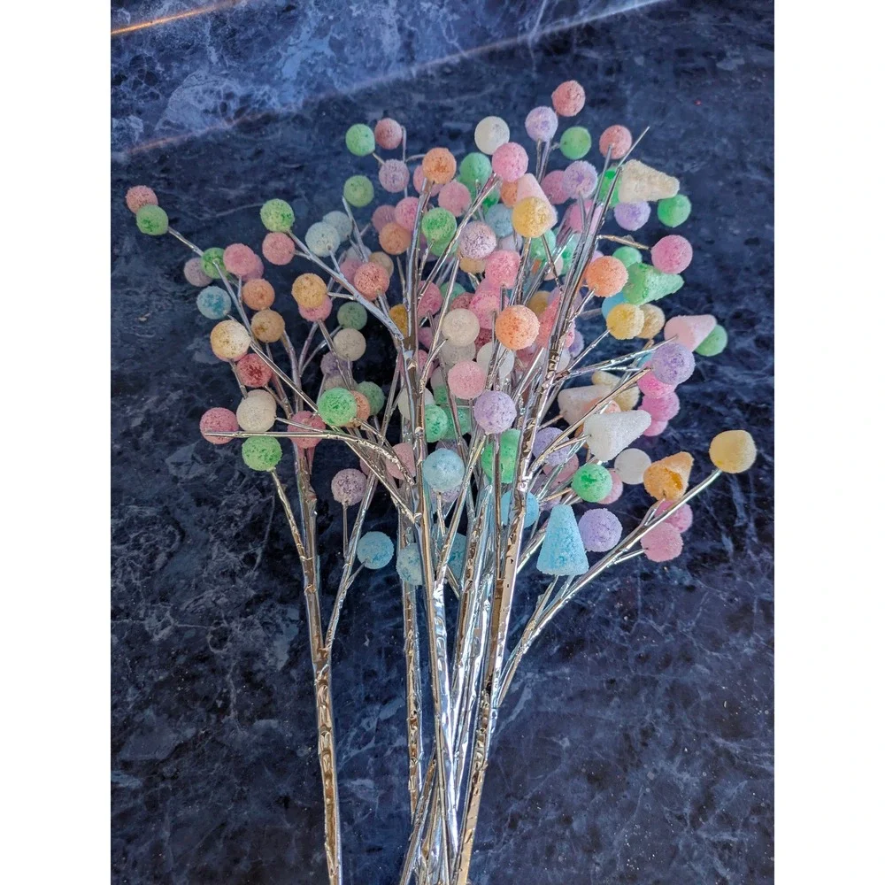 Set of 7 Pastel Sugared Berry and‎ Cone Floral Picks Silver Stems Easter Decor
